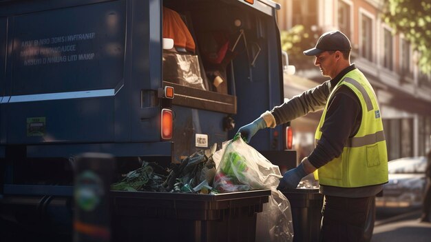 リサイクルビンを収集トラックに空けている労働者の写真