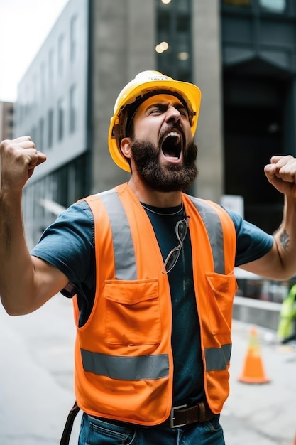 Photo photo of a worker man with a helmet rejoicing by saying hurray
