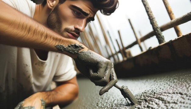 長い道具を使ってコンクリートの流れを巧みに指揮する若いラテン系の労働者の写真