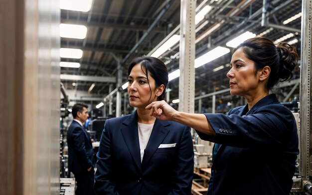 Foto foto di una donna imprenditrice che lavora in fabbrica con macchina e intelligenza artificiale generativa del lavoratore