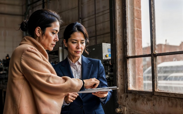 Photo of working entrepreneur woman at factory with machine and worker generative AI