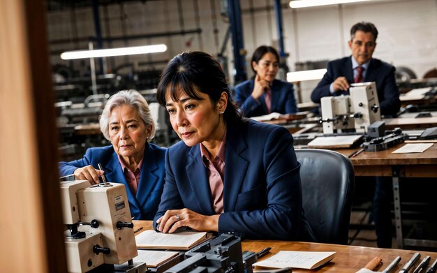 Photo of working entrepreneur woman at factory with machine and worker generative AI