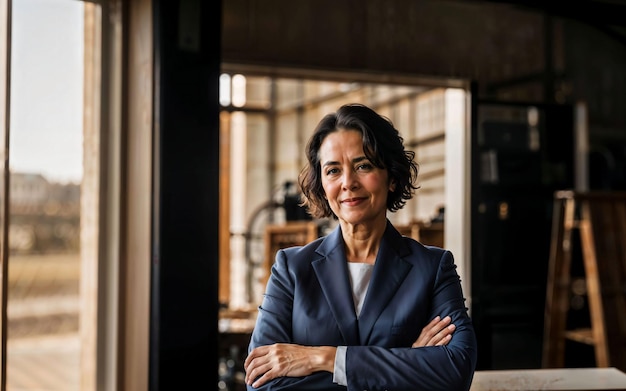 Photo of working entrepreneur woman at factory with machine and worker generative AI