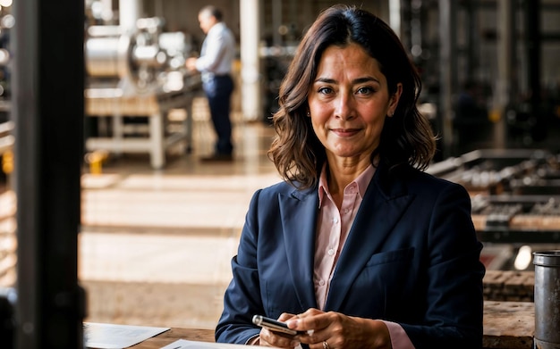 Photo of working entrepreneur woman at factory with machine and worker generative AI