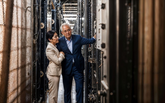 Photo of working entrepreneur woman at factory with machine and worker generative AI