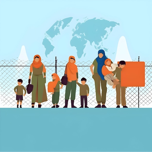 Photo photo world refugee day international immigration concept illustration of family go to refugee camp