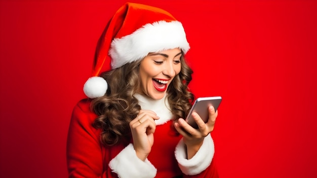 Photo xmas girl santa cap with good news about gift looking at smartphone screen happy christmas