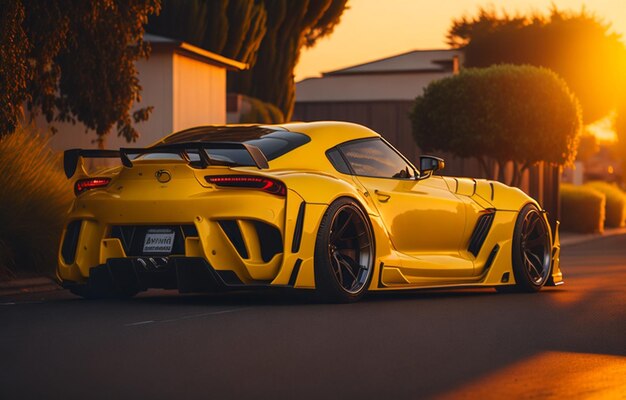 A photo yellow car model on the street at sunset 3d render