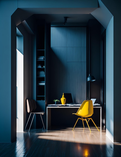 Photo of a yellow chair in a minimalist workspace