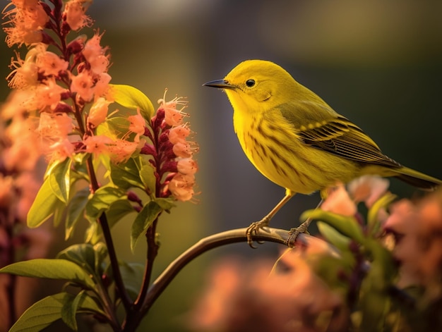 Photo of a yellow finch sitting on a branch of a light purple plum blossom tree