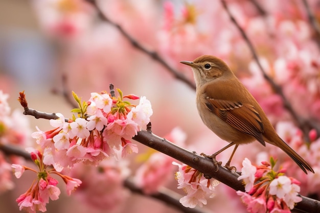 Photo of a yellow finch sitting on a branch of a light purple plum blossom tree