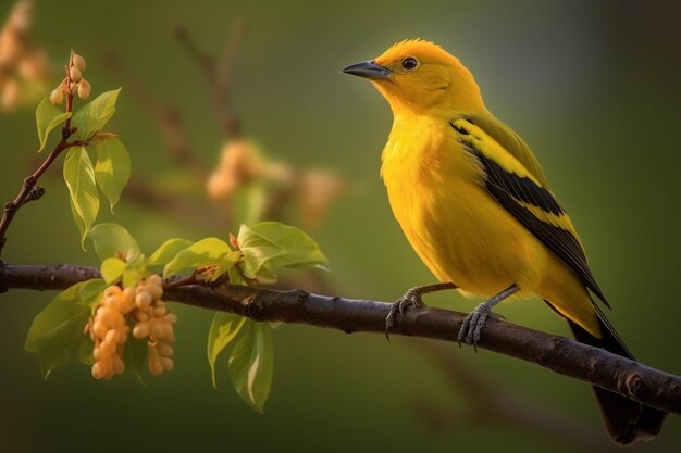Photo of a yellow finch sitting on a branch of a light purple plum blossom tree