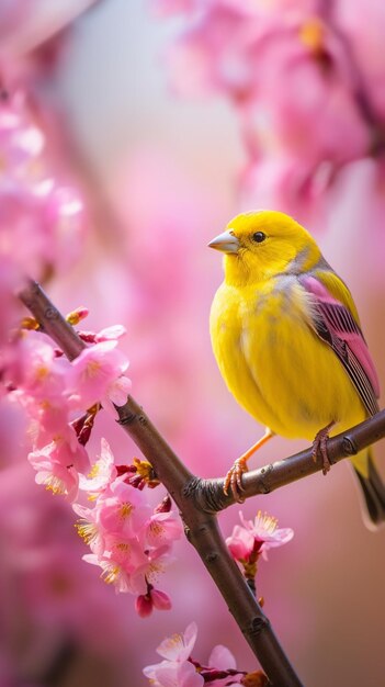 Photo of a yellow finch sitting on a branch of a light purple plum blossom tree