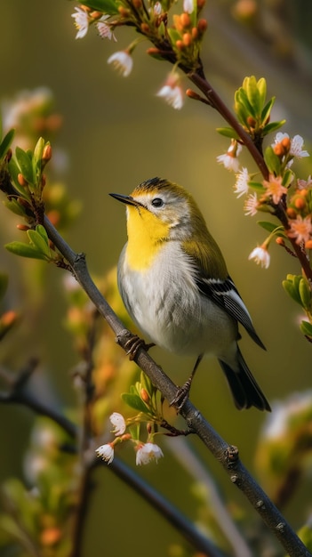 Photo of a yellow finch sitting on a branch of a light purple plum blossom tree