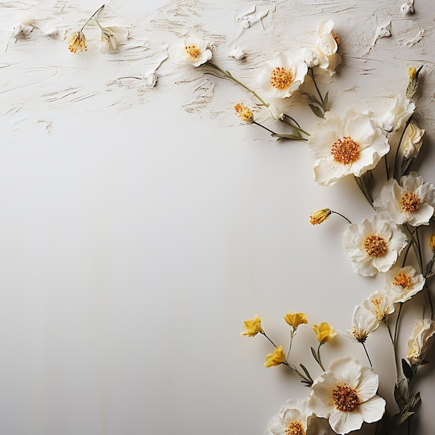Photo of yellow flowers and petals on white wooden board