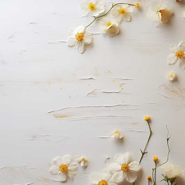 Photo of yellow flowers and petals on white wooden board