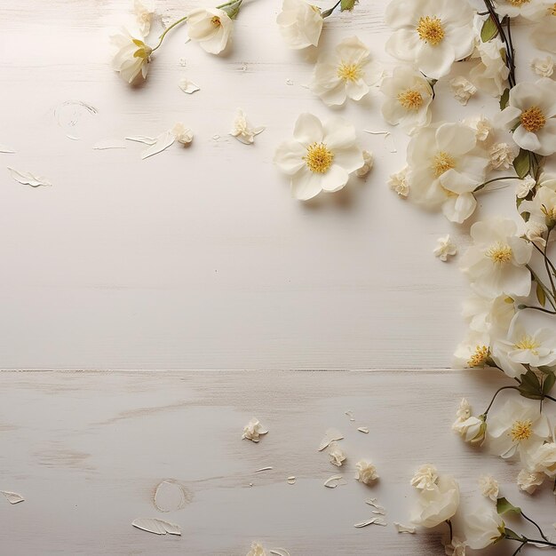 Photo of yellow flowers and petals on white wooden board