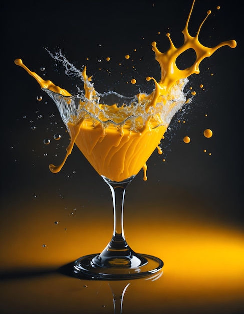 Photo of yellow liquid splashing into a martini glass