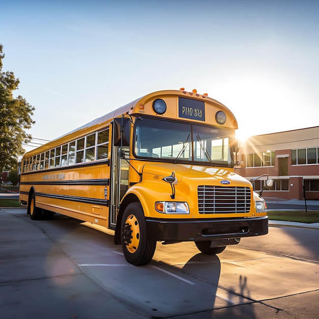 a photo of a yellow school bus in front of a school