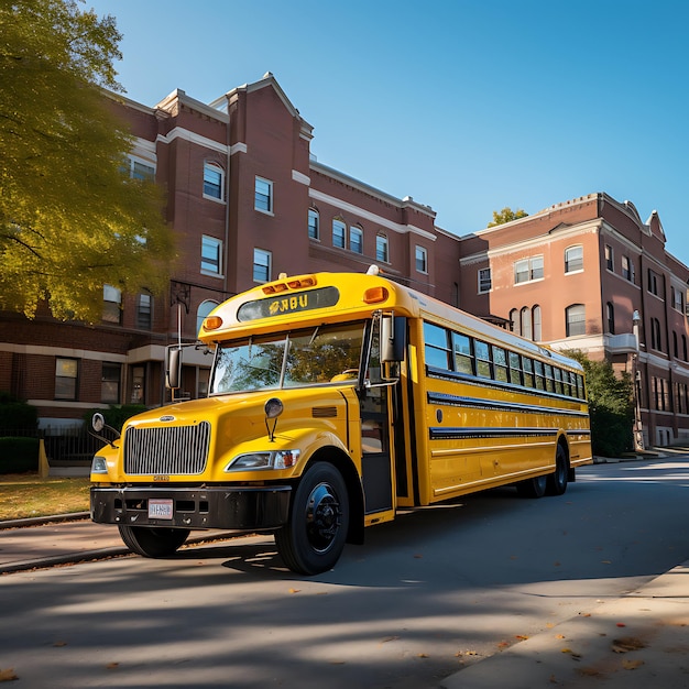 a photo of a yellow school bus in front of a school