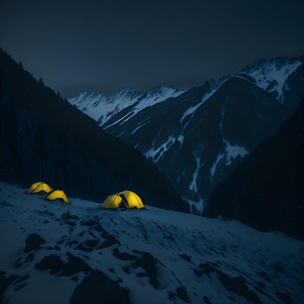 Photo of yellow tents on a snowy mountain top