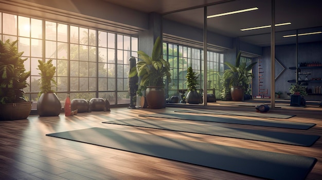 A photo of a yoga studio with large windows and natural light