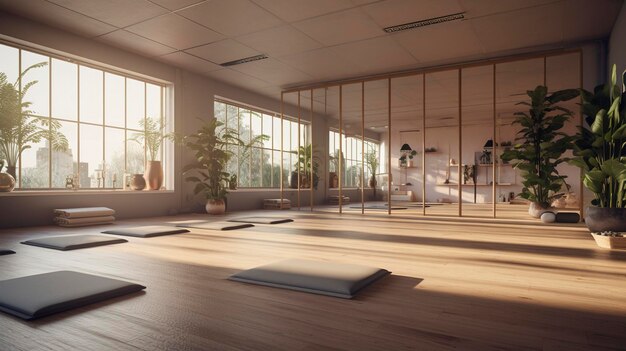 A photo of a yoga studio with large windows and natural light