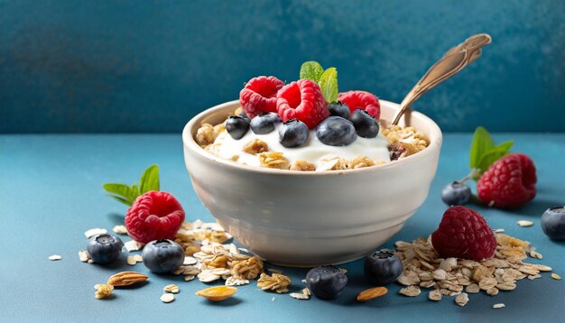 Photo yogurt with berries and muesli for breakfast in bowl generated by ai