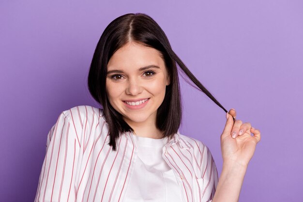 Photo of young adorable girl good mood flirty romantic date hairdo isolated over violet color background