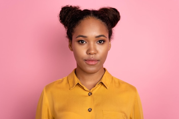 photo of young african lady confident smart manager marketer expert isolated over pink color background
