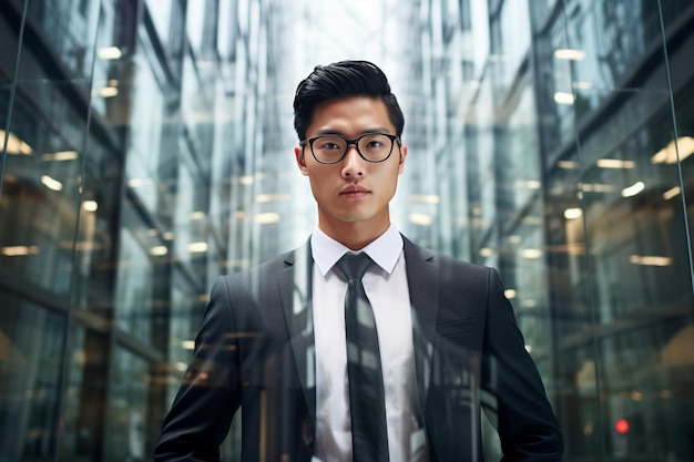 Photo photo young asian businessman with glass building