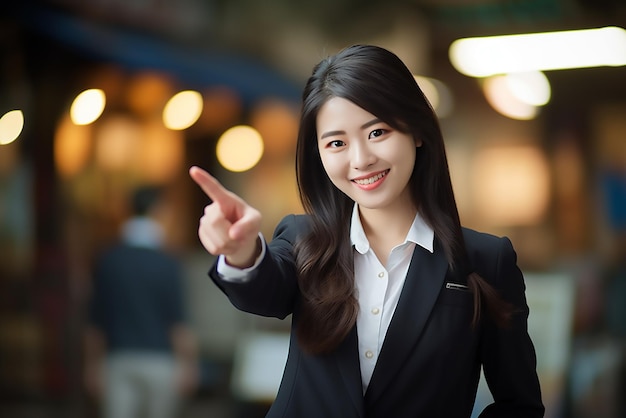 Photo of young asian businesswoman smiling while pointing at copy space