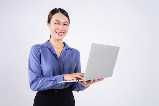 Photo of young Asian businesswoman on white background