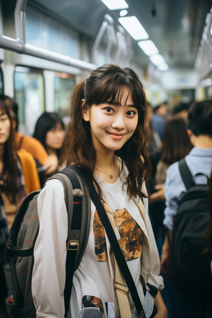 대중교통의 중요성에 대해 지하철에서 젊은 아시아 소녀의 사진