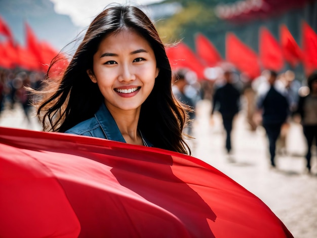 photo of young asian woman with red flag waving in the wind generative AI