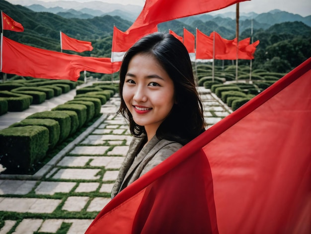 photo of young asian woman with red flag waving in the wind generative AI