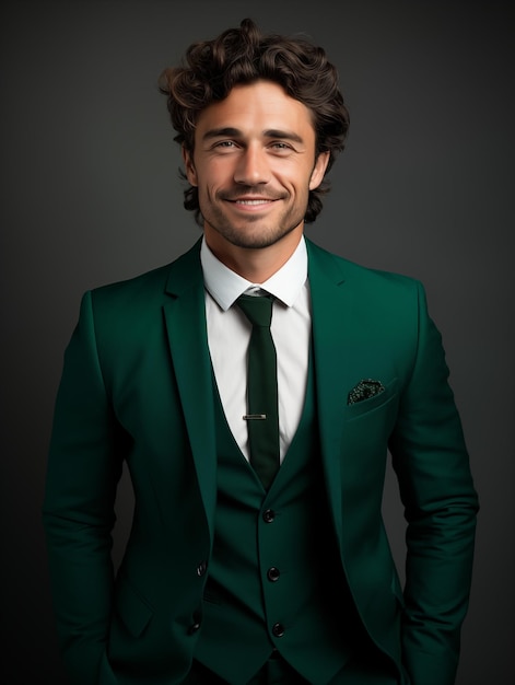 緑色のスーツと白いシャツを着た魅力的な笑顔の若い男性の写真 暗い背景 ビジネス