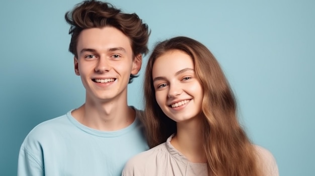 Photo of young beautiful caucasian man and woman smiling