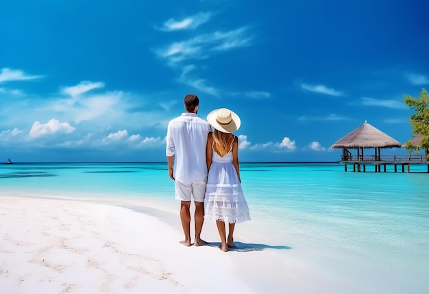 Photo of young beautiful couple walking on the beach sand in summer sunshine