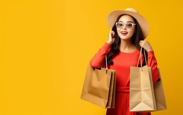 Photo of young beautiful cute lady girl with smile and holding colorful shopping bags