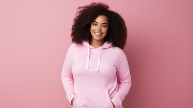 Photo A young black plus size woman in sportswear standing on a pink studio background