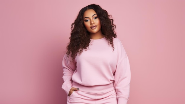 Photo A young black plus size woman in sportswear standing on a pink studio background