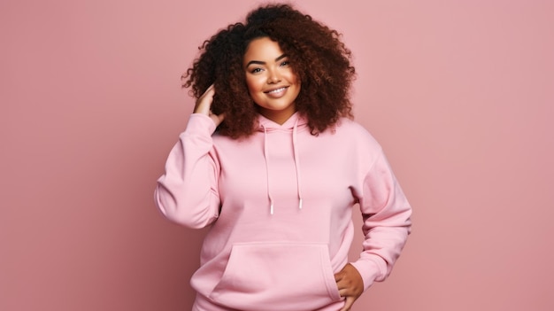 Photo A young black plus size woman in sportswear standing on a pink studio background