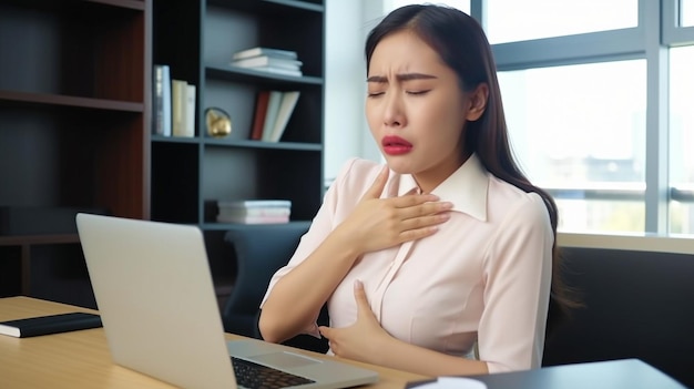 Photo of a young businesswoman in the workplace with a headache Generative AI