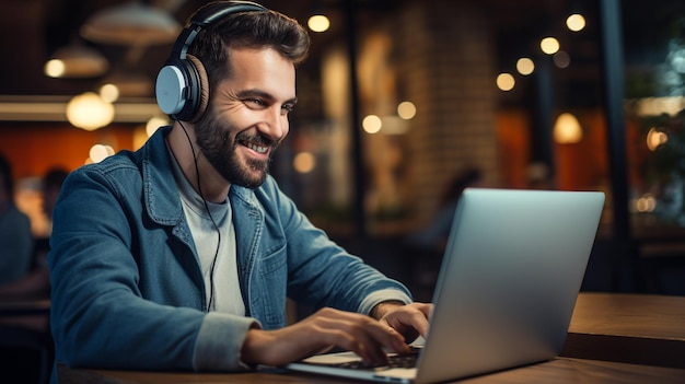 photo young confident office worker man on headphones sits at desk with office generated by AI