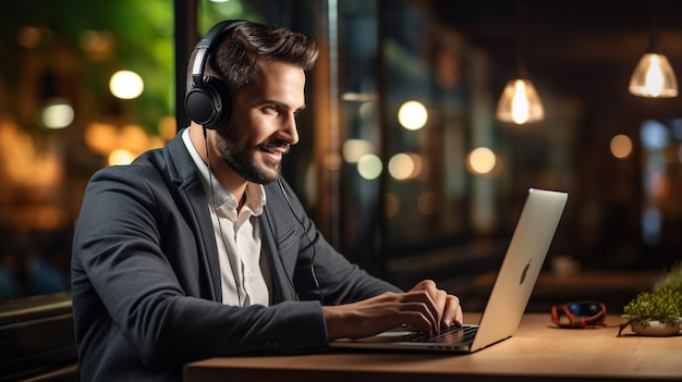 photo young confident office worker man on headphones sits at desk with office generated by AI