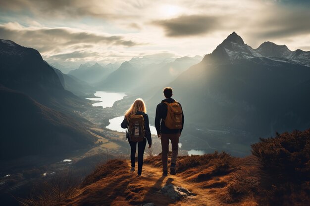 壮麗な山の風景でハイキングをしている若いカップルの写真 - ゲネレーティブAI