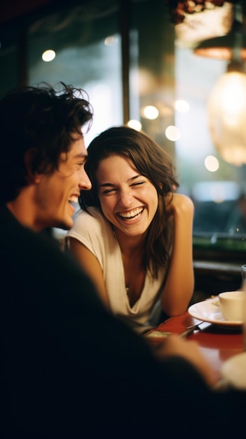 Photo of young couple in their early 20s having dinner at an restaurant