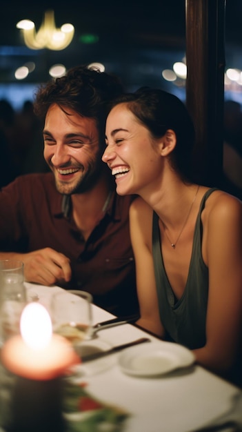 Photo of young couple in their early 20s having dinner at an restaurant