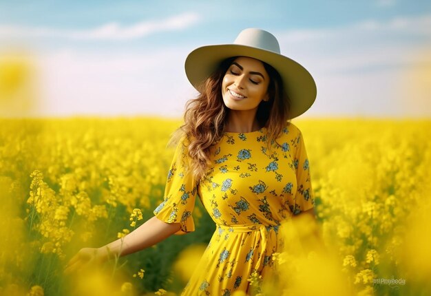 Photo of young cute pretty girl woman walks across a colourful flower field